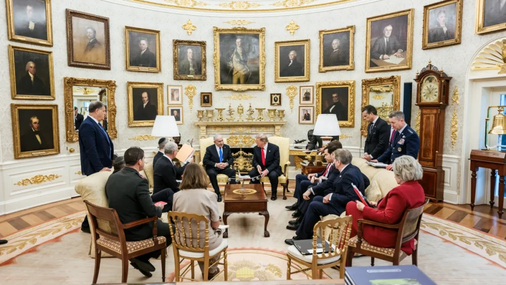 Game-changing strikes by the US, possibly with Israel’s help, also seemed to make sense in the wake of Prime Minister Benjamin Netanyahu’s visit to see Trump in Washington last week. The previous meeting between the two in February, we later learned, had seen them putting the final touches on the joint US-Israeli bombing campaign launched at the end of that month. Above: Netanyahu and Trump meet in the Oval Office along with cabinet members, the Joint Chiefs Chairman, and others; July 28, 2026.