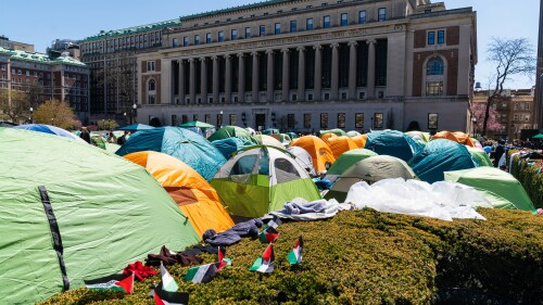 Pro-Palestinian supporters set up a protest encampment on the campus of Columbia University in New York on April 22, 2024.