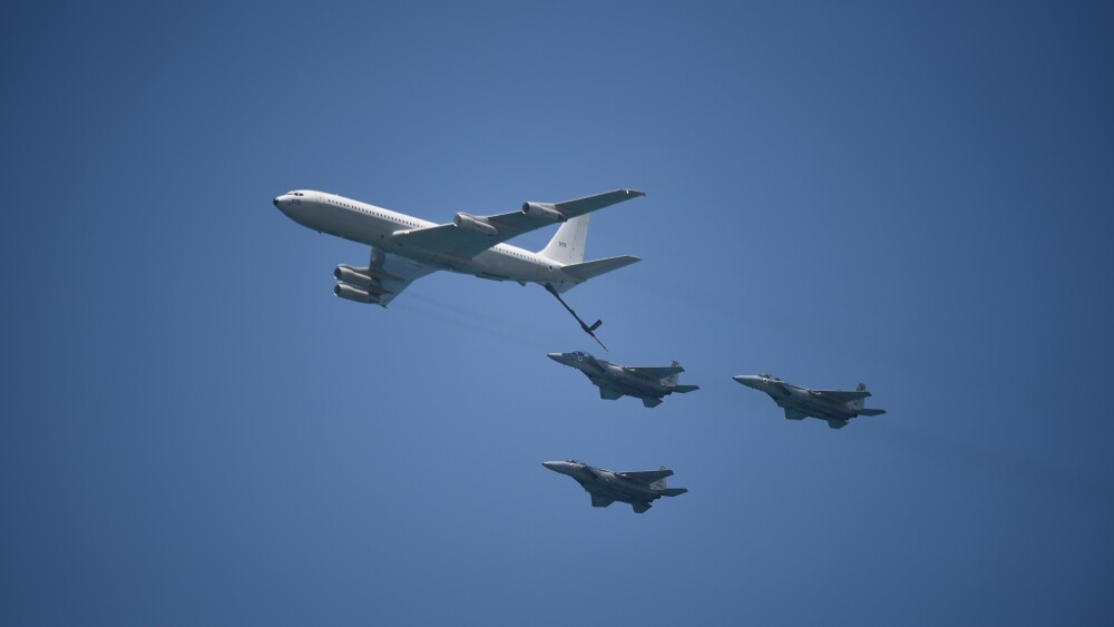 An Israeli Air Force Boeing 707 tanker demonstrates mid-air refueling with F-15s at a 2017 Israeli air show. Israeli fighter planes refueled during their strikes on Iran on Oct. 26, 2024.