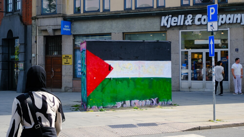 A painted flag of Palestine, as a symbol for the liberation of Gaza, stands in the center of Oslo, Norway.