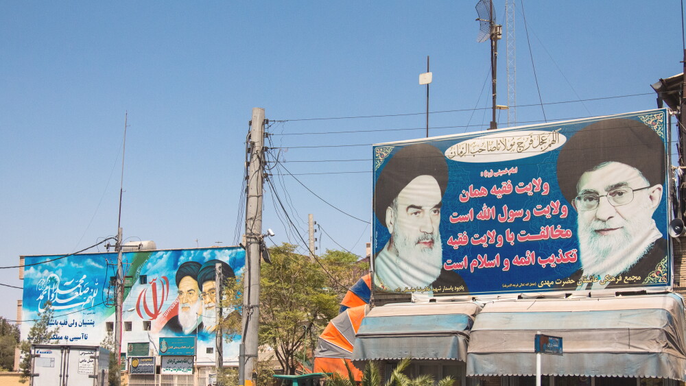 Billboards showing propaganda for the Supreme Leaders of Islamic Republic of Iran, Ruhollah Khomeini and Sayyed Ali Hosseini Khamenei, and in the streets of the city of Kashan; Aug. 13, 2016.
