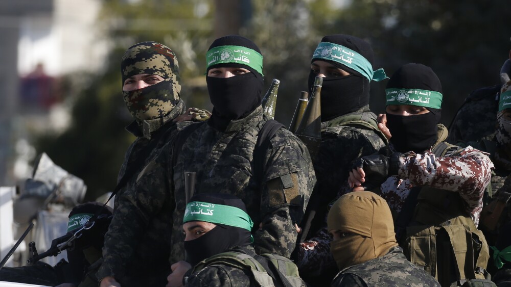 Members of the al-Qassam Brigades, the armed wing of Hamas, seen during a patrol in Khan Younis, in the southern Gaza Strip, on Jan 26, 2020. U.K. officials maintained a close collaboration with Hamas even after designating it a terrorist organization in 2021 according to internal Hamas documents declassified by the Israeli Defense Forces (IDF) and published by the human rights organization NGO Monitor.