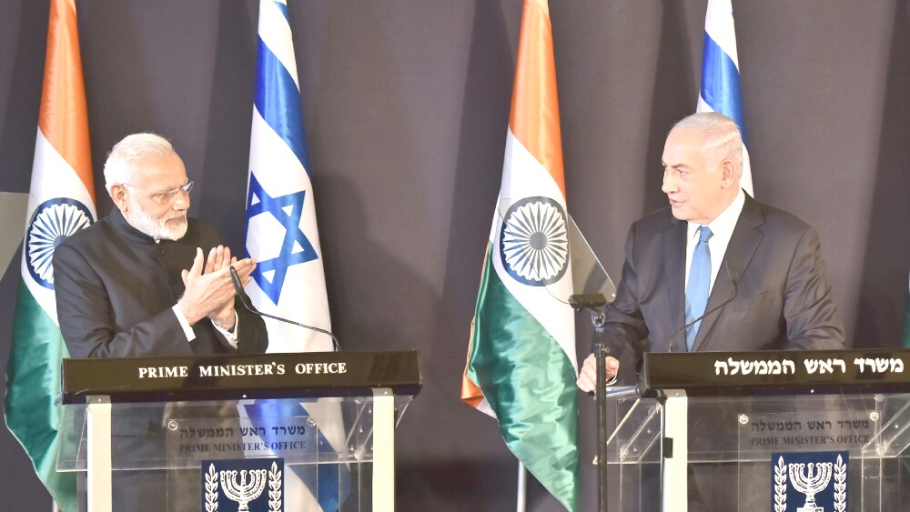 Indian Prime Minister Narendra Modi (left) addressing a press conference with the Prime Minister Benjamin Netanyahu; Jerusalem, Israel, March 5, 2021.