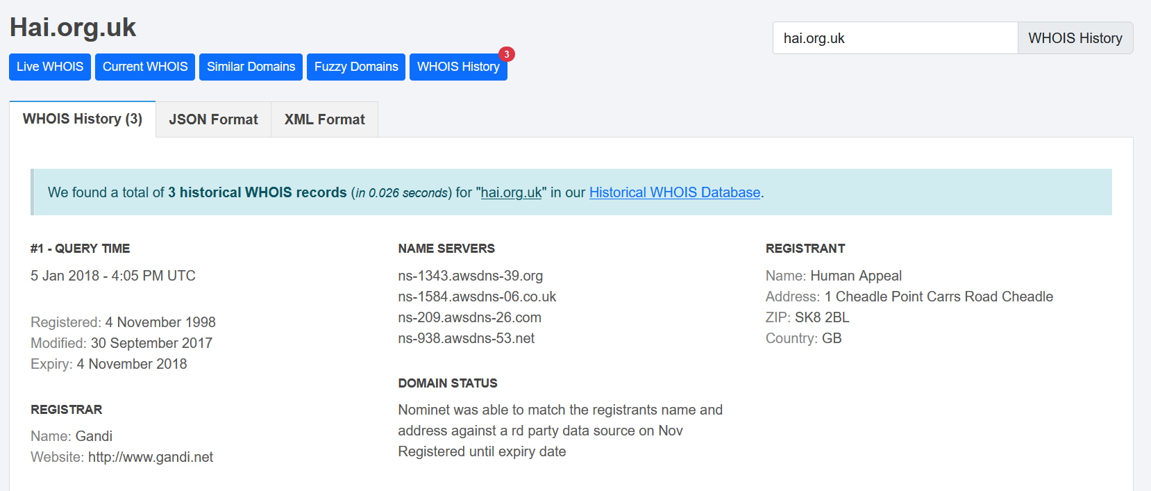 WHOIS data records that the website is owned by Human Appeal,