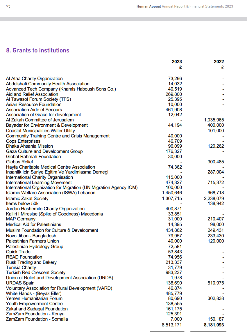Human Appeal UK's grants to other institutions, as listed in its 2021 report.