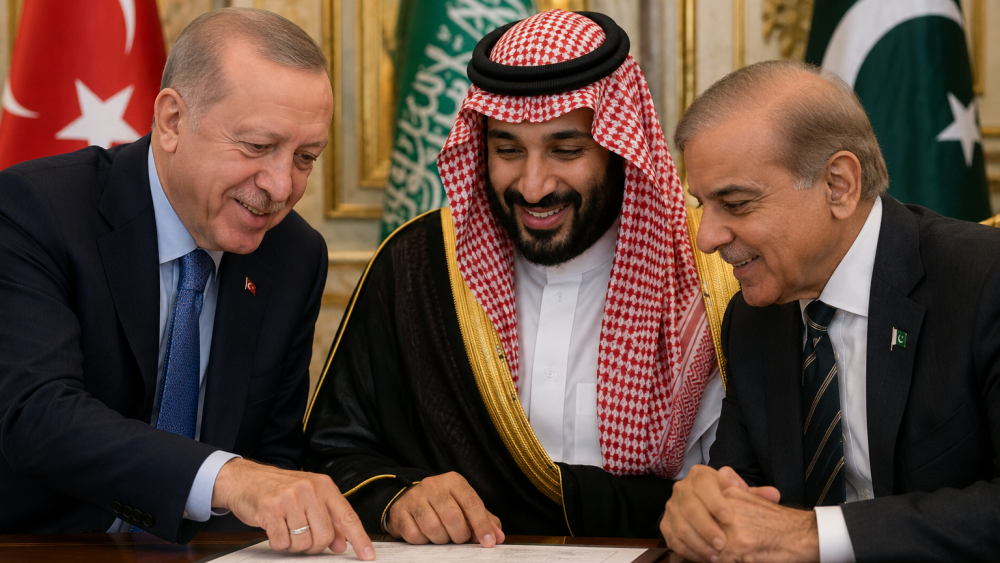 On August 7, 2026, in Mecca, Turkish President Recep Tayyip Erdoğan, Saudi Crown Prince Mohammed bin Salman, and Pakistani Prime Minister Shehbaz Sharif signed a trilateral mutual defense agreement declaring that an armed attack on any one of Turkey, Saudi Arabia, or Pakistan would be treated as an attack on all three.