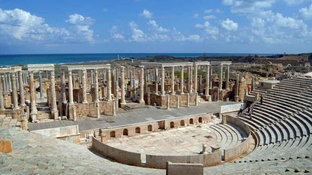 Leptis Magna, the ancient Roman city, is one of the best preserved sites on the Libyan coast of the Mediterranean Sea.