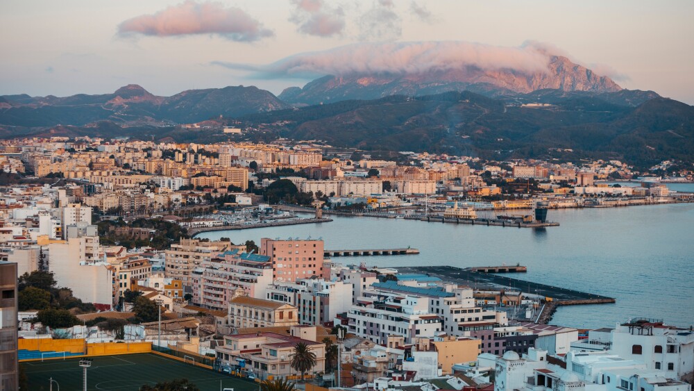 A view of the port of Ceuta, a Spanish city in North Africa, at sunrise.