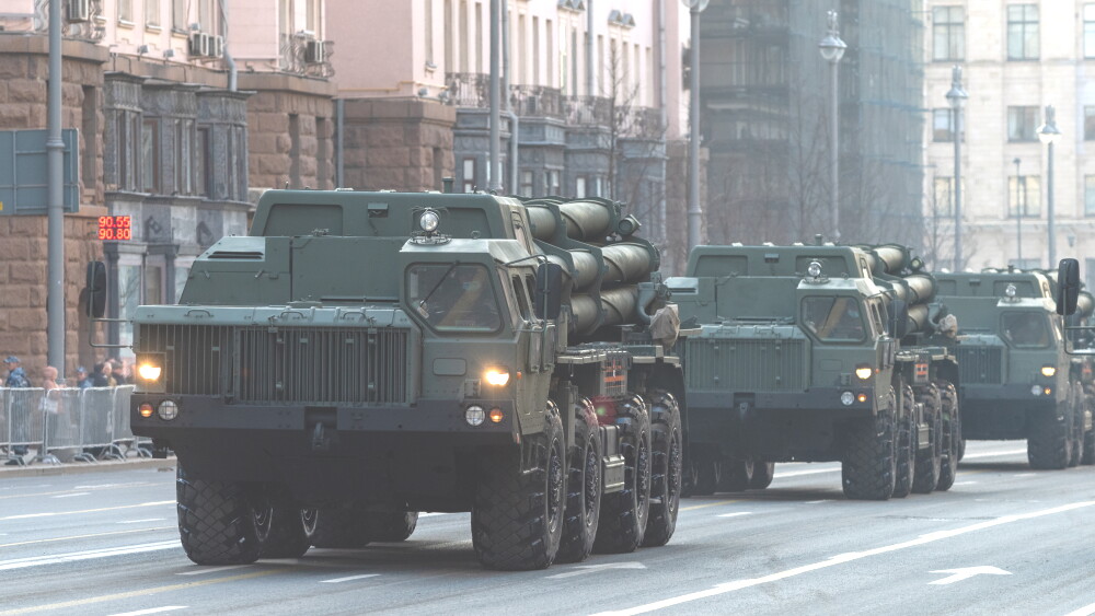 Russian multiple launch Rocket System (MLRS) Tornado-S model on Tverskaya Street in Moscow; April 30, 2021, Moscow.