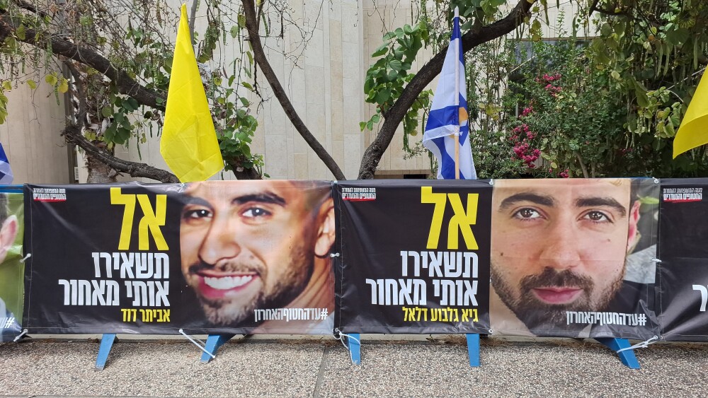 Banners with pictures of the Israeli hostages Evyatar David and Guy Gilboa Dalal at Hostages Square, Museum Plaza, Tel Aviv, Israel; May 13, 2025.