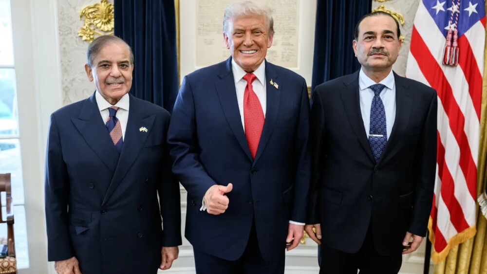 Pakistani generals have never fully accounted for how they came to shelter al Qaeda founder Osama bin Laden just a stone’s throw from Pakistan’s equivalent of West Point. Above: President Donald Trump meets with Prime Minister Shehbaz Sharif (L) and Field Marshal Asim Munir of Pakistan.