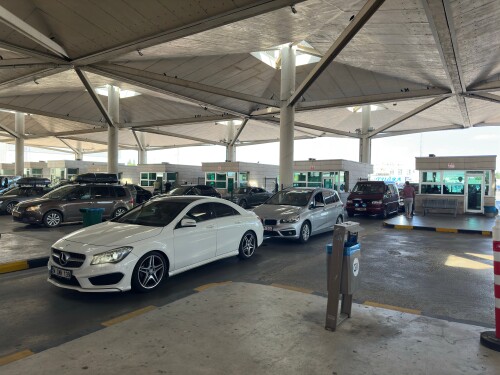 Long lines of vehicles wait to exit through a border crossing at the Kapikule border gate in Edirne, Turkey; Aug. 28, 2024.