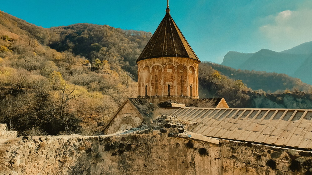 The nintth-century Dadivank Monastery rises above ancient stone walls in Nagorno-Karabakh.