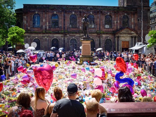 Tributes in St. Ann's Square on May 26, 2017, to the victims of the Manchester Arena bombing of May 22 that killed 22, including seven children.