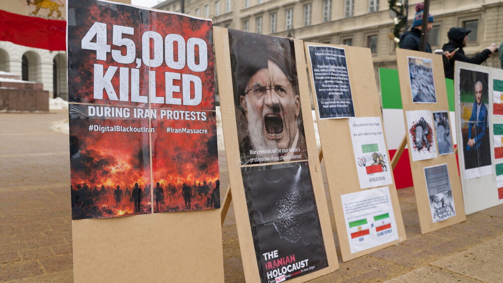 Protest posters in Warsaw, Poland, in early February 2026 during a demonstration for regime change in Iran.