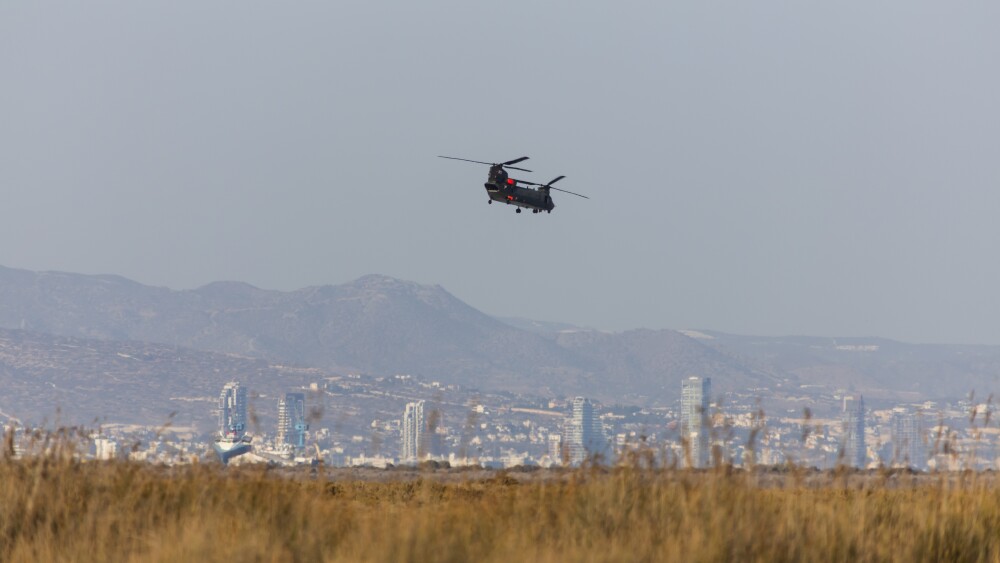 A Royal Air Force Boeing CH-47 Chinook flying over Akrotiri in Cyrpus.