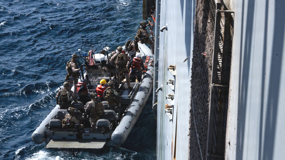 U.S. Marines from the 31st Marine Expeditionary Unit board M/V Blue Star III, a commercial ship suspected of attempting to transit to Iran in violation of the U.S. blockade of Iranian ports, April 28, 2026. U.S. forces released the vessel after conducting a search and confirming the ship’s voyage would not include an Iranian port call. (U.S. Marine Corps photo)