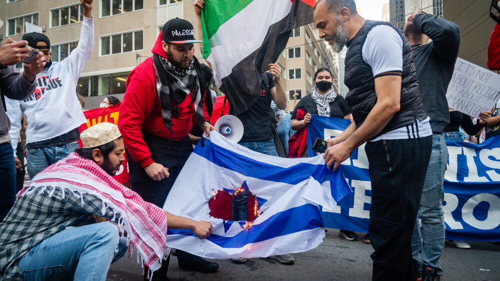The three antisemitisms meet at one point: the demand that the United States step back from Israel. Image: An anti-Israel protest in New York City, May 15, 2021.