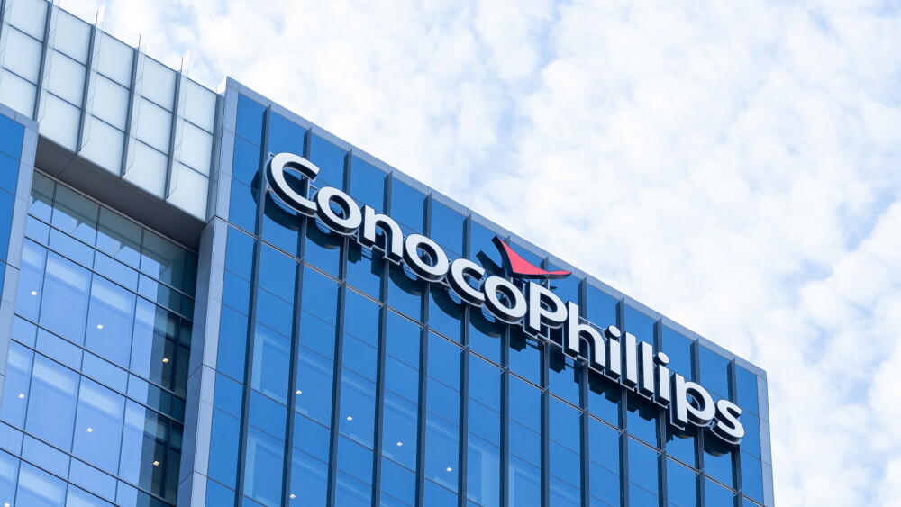 The company logo on the world headquarters of ConocoPhillips in Houston, Texas.