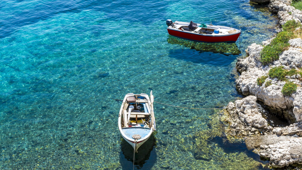Kokkari Harbour in the Aegean Sea, on Samos Island of Greece.