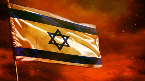 Fluttering Israel flag on crimson red sky with smoke pillars background. Israel problems concept.