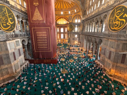 Under Erdoğan, the lines between Turkish identity and Sunni Islam have blurred to the point of near erasure. This ideological shift casts non-Muslims as inherently “other,” even potential threats to national security. Pictured: the reopening of Hagia Sophia as a mosque; Friday prayer, July 24, 2020.