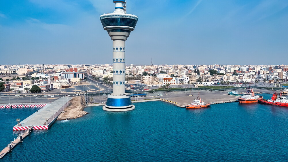 The iconic control tower and harbor at the Port of Yanbu, Saudi Arabia.