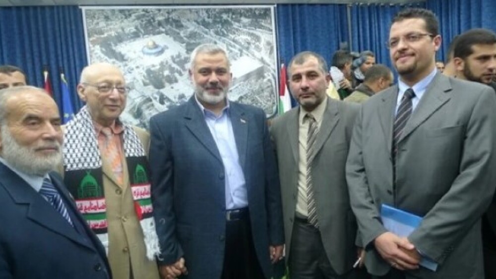 Majed Al-Zeer, director of the Palestine Return Centre stands alongside the late Ismail Haniyeh, chairman of Hamas’s Political Bureau, at a meeting of the United Nations Committee on Nongovernmental Organizations in 2015.