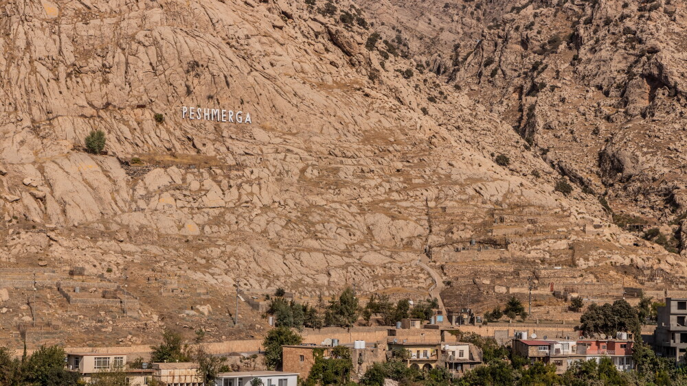 Letters spelling out "Peshmerga" on a mountainside above Akre in Iraq's Kurdistan Region.
