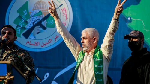 Yahya Sinwar, leader of Hamas in the Gaza Strip, at an anti-Israel rally in Gaza City, in 2021.