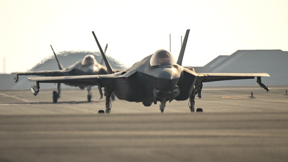 Two U.S. Air Force F-35A Lightning IIs from the 421st Expeditionary Fighter Squadron taxi on the runway at Al Udeid Air Base, Qatar, Sept. 5, 2023. In coordination with regional allies, partners and the U.S. Navy, the F-35s partnered with A-10 Thunderbolts and F-16 Fighting Falcons in the U.S. Central Command theater to monitor the Strait of Hormuz. (U.S. Air Force photo by Tech. Sgt. Leah Ferrante)