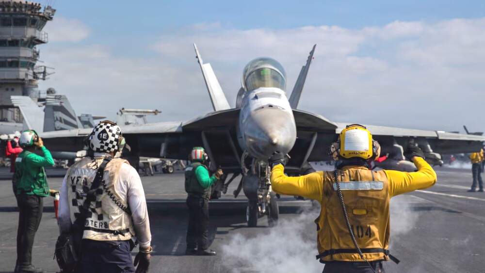 An F/A-18F Super Hornet, attached to Strike Fighter Squadron (VFA) 41, prepares to launch from the flight deck of Nimitz-class aircraft carrier USS Abraham Lincoln (CVN 72) in support of Operation Epic Fury, March 3, 2026.