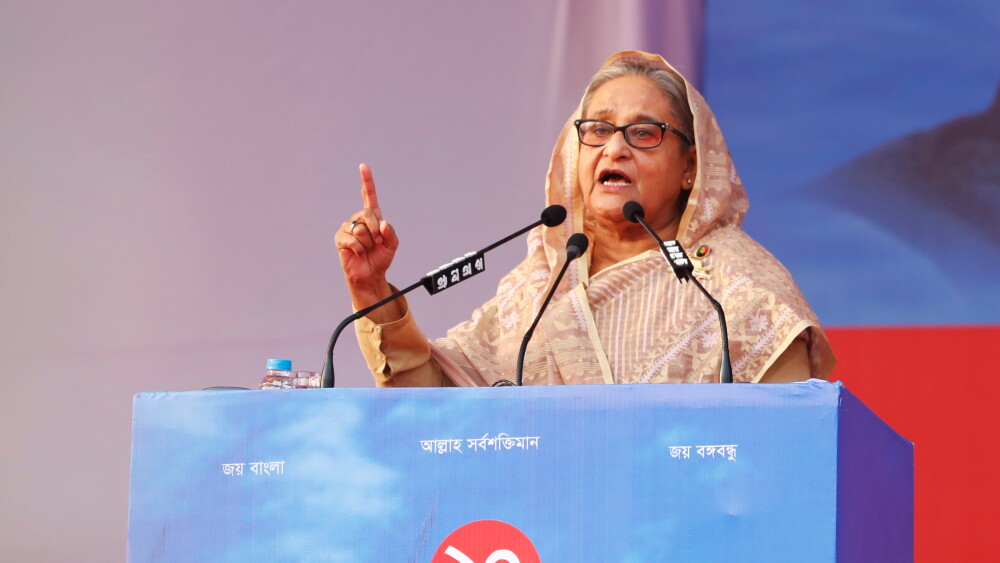 Then-Prime Minister Sheikh Hasina addressed a public meeting of Awami League at Suhrawardy Udyan in Dhaka on the occasion of Bangabandhu's Homecoming Day; Dhaka, Bangladesh, January 10, 2024.