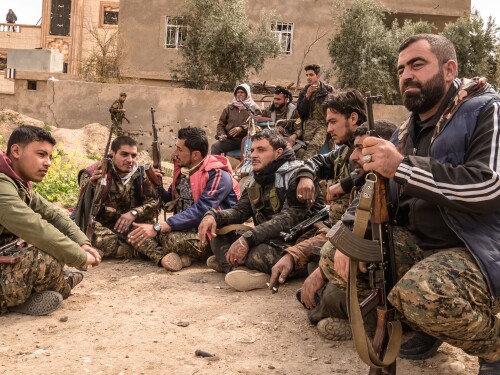 Fighters from Raqqa belonging to the Syrian Democratic Forces preparing to fight ISIS; Baghouz, Northeast Syria, March 15, 2019.
