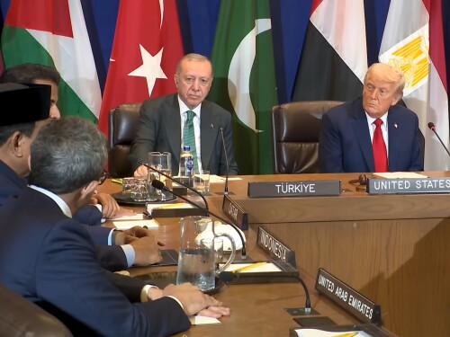 U. S. President Donald Trump and Turkish President Recep Tayyip Erdoğan at a multilateral meeting on Middle Eastern issues at the United Nations Headquarters in New York; September 30, 2025.