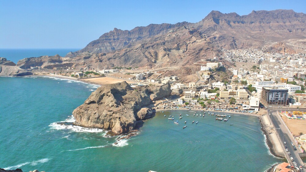 The port city of Aden, Yemen, is located by the eastern approach to the Red Sea.