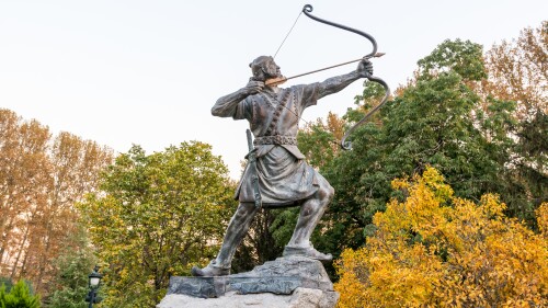 A statue of Arash Kanmadar—Arash the Archer—a mythic heroic archer from the religious texts of Zoroastrianism, in the Sa'dabad palace complex built by the Qajar and Pahlavi monarchs.