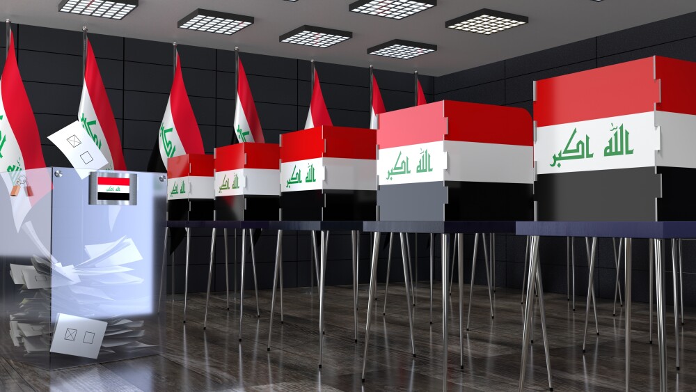 An Iraqi polling station with ballot box election concept. Iraq is scheduled to hold parliamentary elections on November 11, 2025.