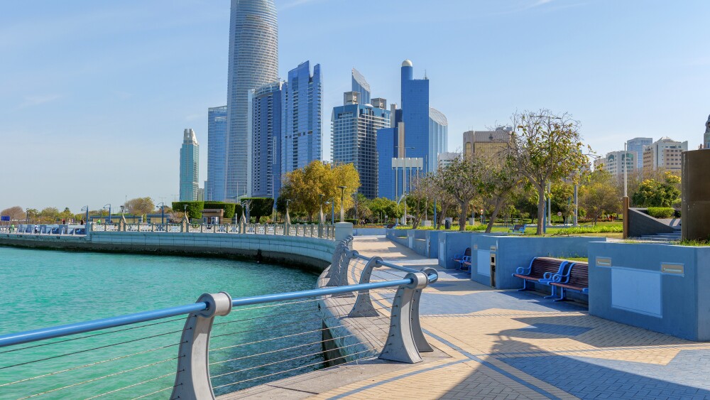 Abi Dhabi's unique skyscrapers overlook a promenade in the capital of the United Arab Emirates.