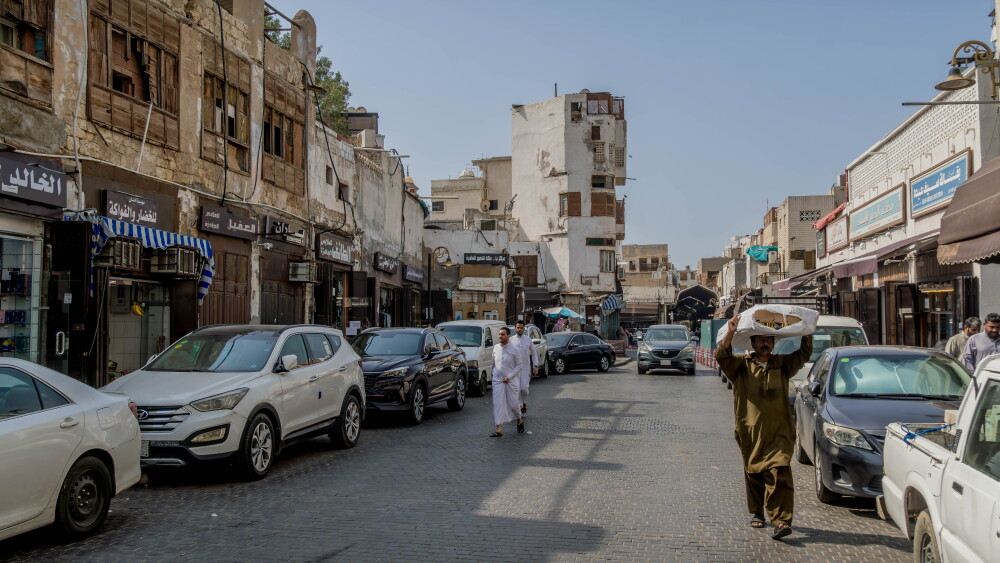 A busy market area of Jeddah, Saudi Arabia, at mid-day.