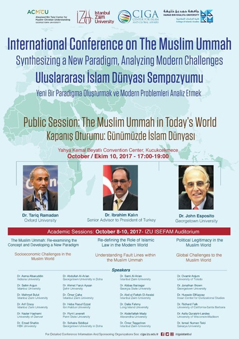 An event poster for a joint CIGA-ACMCU-Qatar Foundation event, featuring Turkish regime official and ACMCU fellow Ibrahim Kalin, ACMCU founder John Esposito, Georgetown's Abdullah Al-Arian, deported terror financier Sami Al-Arian and several prominent Islamist academics.