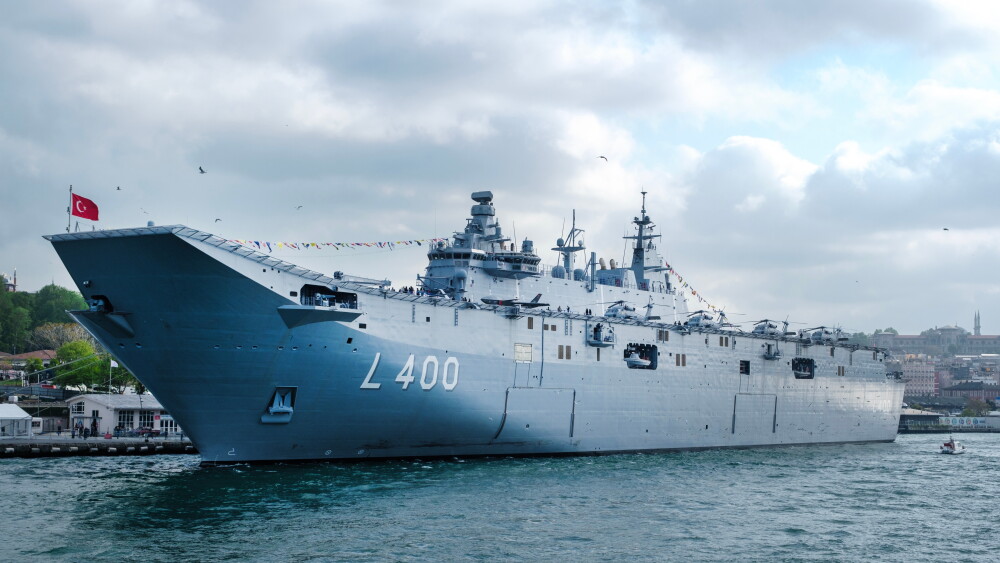 The TCG Anadolu drone carrier-amphibious assault ship of the Turkish Naval Forces near the Sirkeci Port; Istanbul, Turkey, May 27, 2023.