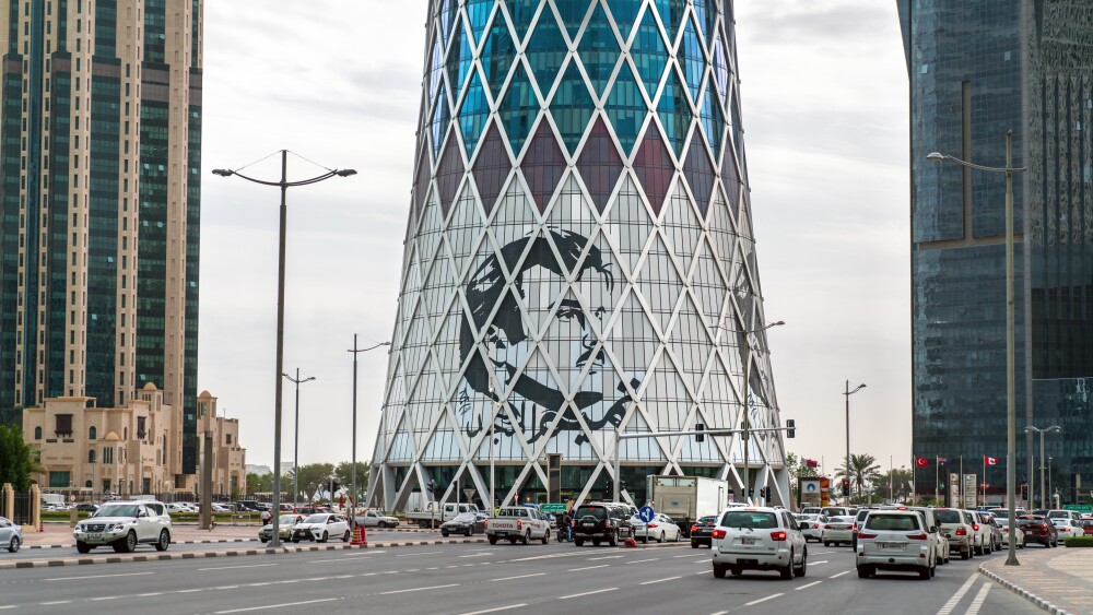 A skyscraper in Doha, Qatar, bears the image of Emir Sheikh Tamim bin Hamad Al Thani.