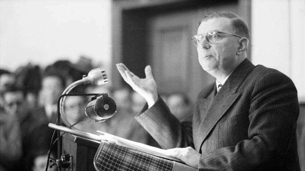 Jean-Paul Sartre’s (1905-1980) political pornography—his sanctification of the Maoist peasant, the Viet Cong martyr, the Algerian terrorist—was not simply wrongheaded but obscenely self-serving. Satre speaking at Freiburg University.