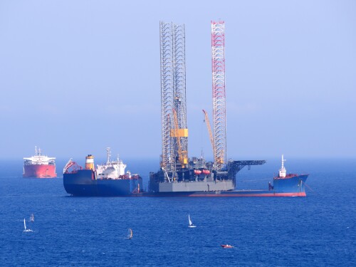 An offshore gas and oil exploration platform in the eastern Mediterranean.