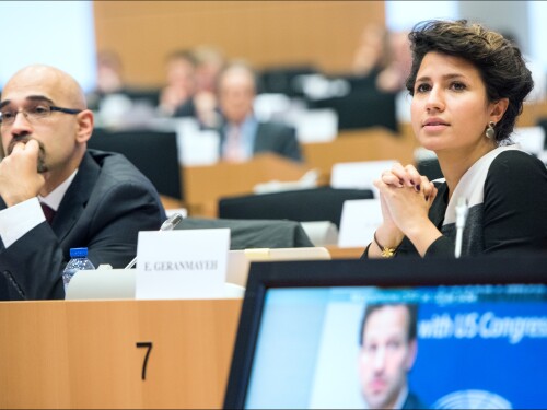 Rouzbeh Parsi, left, speaks at the European Parliament about the European Union's strategy toward Iran in 2015.