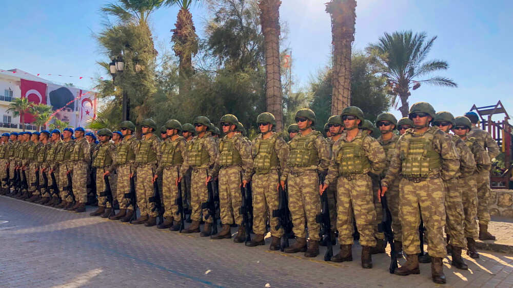 Soldiers stationed in Northern Cyprus celebrate Armed Forces Day, also known as "Victory Day," a Turkish holiday celebrating the country's victory over Greek forces in the 1922 Battle of Dumlupınar. Ankara has used religious institutions to alter the cultural identity and practices of the secularized Muslim community that inhabited Cyprus before Turkey's 1974 invasion of the island. 