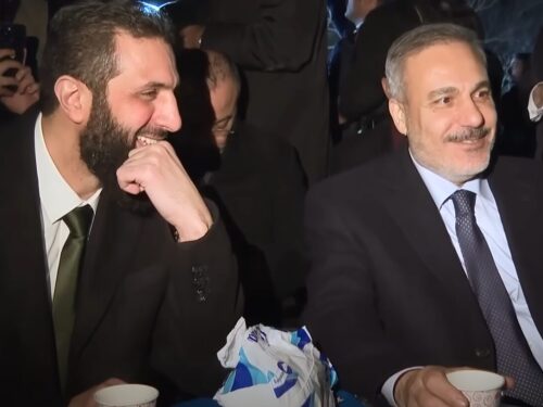 Hakan Fidan (R), Turkey’s former intelligence chief and current foreign minister, with Syria’s de facto leader Ahmed al-Sharaa in Damascus on Dec. 22, 2024.