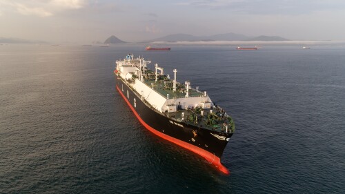 A liquified natural gas tanker anchored off the port city of Nakhodka, Russia.