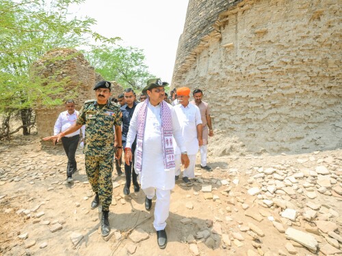 Rajasthan Chief Minister Bhajanlal Sharma assesses Kishangarh Fort's 1,100-year-old architecture and strategic importance near the India-Pakistan border in Jaisalmer on June 21, 2025.